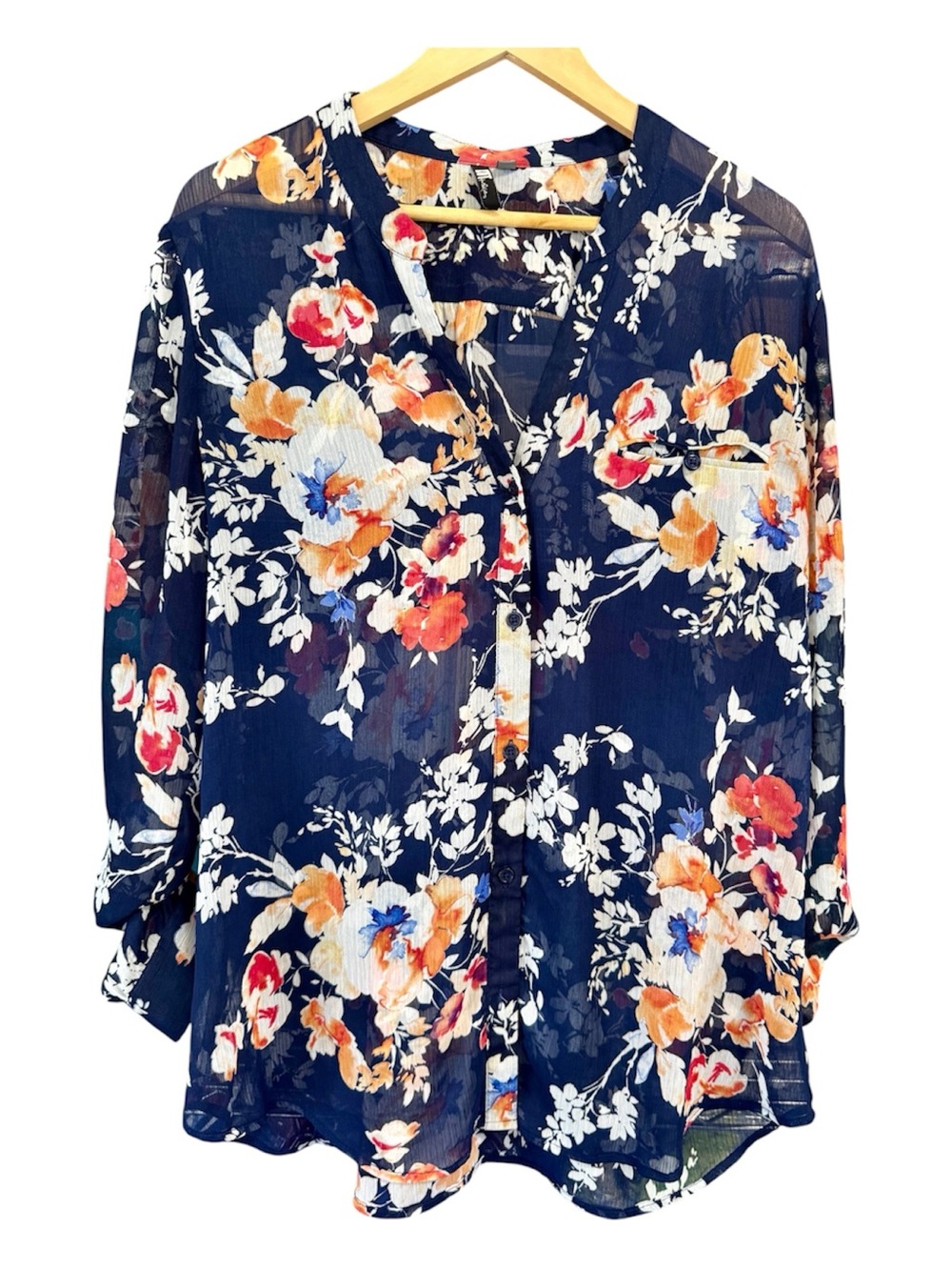 Kut from the Kloth women’s navy blue sheer blouse orange white floral Size XXL